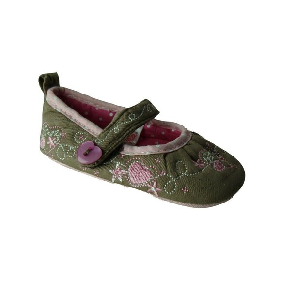 Infant Girls Mary Jane Shoes Size 1 Embroidered Pink & Green Floral Design With - Picture 6 of 9